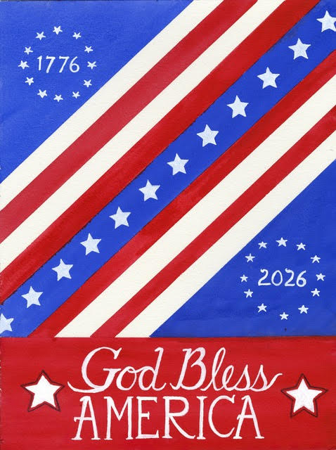 Watercolor painting of Stars and Stripes God Bless America